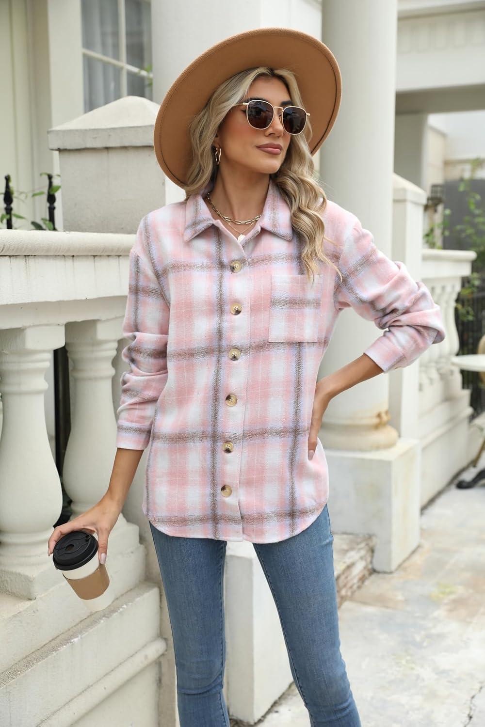 imageZeagoo Women Flannel Shacket Jacket Plaid Button Down Long Sleeve Shirt Fall Outfits 2026Pink
