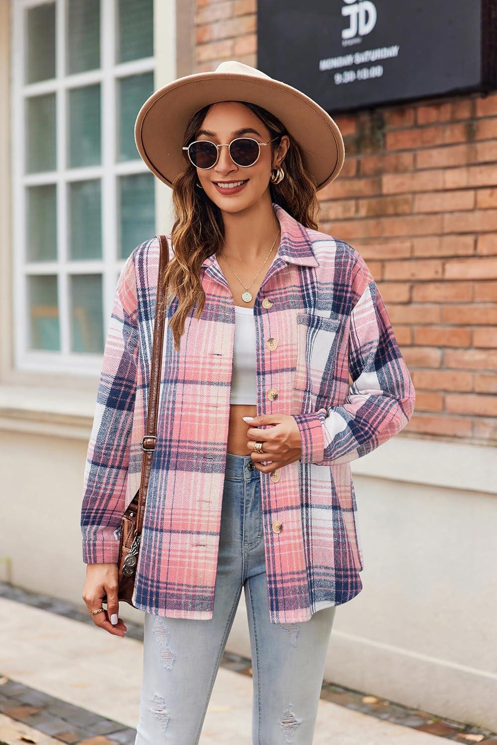imageZeagoo Women Flannel Shacket Jacket Plaid Button Down Long Sleeve Shirt Fall Outfits 2026Pink Plaidgz877