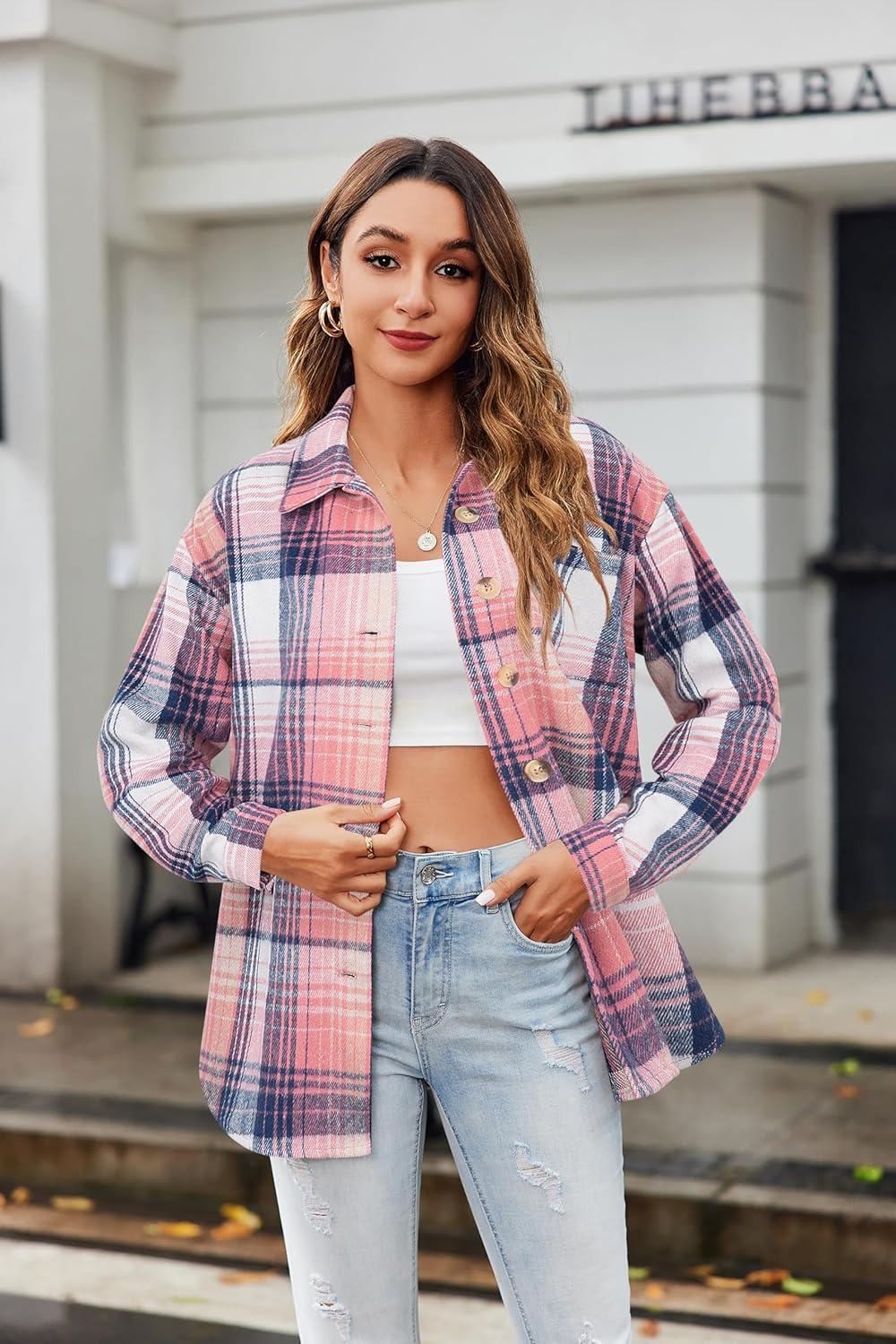 imageZeagoo Women Flannel Shacket Jacket Plaid Button Down Long Sleeve Shirt Fall Outfits 2026Pink Plaidgz877
