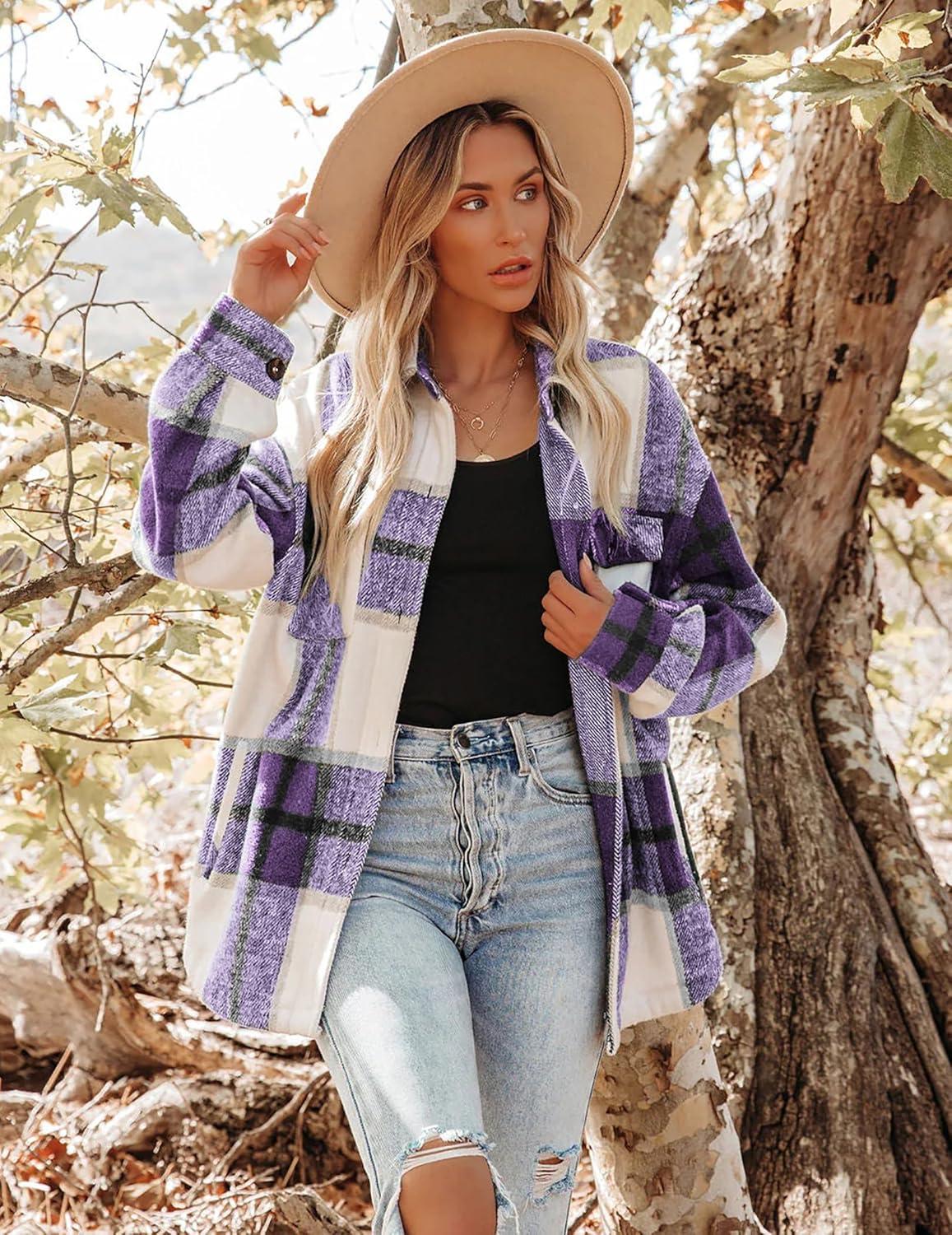 imageZeagoo Women Flannel Shacket Jacket Plaid Button Down Long Sleeve Shirt Fall Outfits 2026Purple