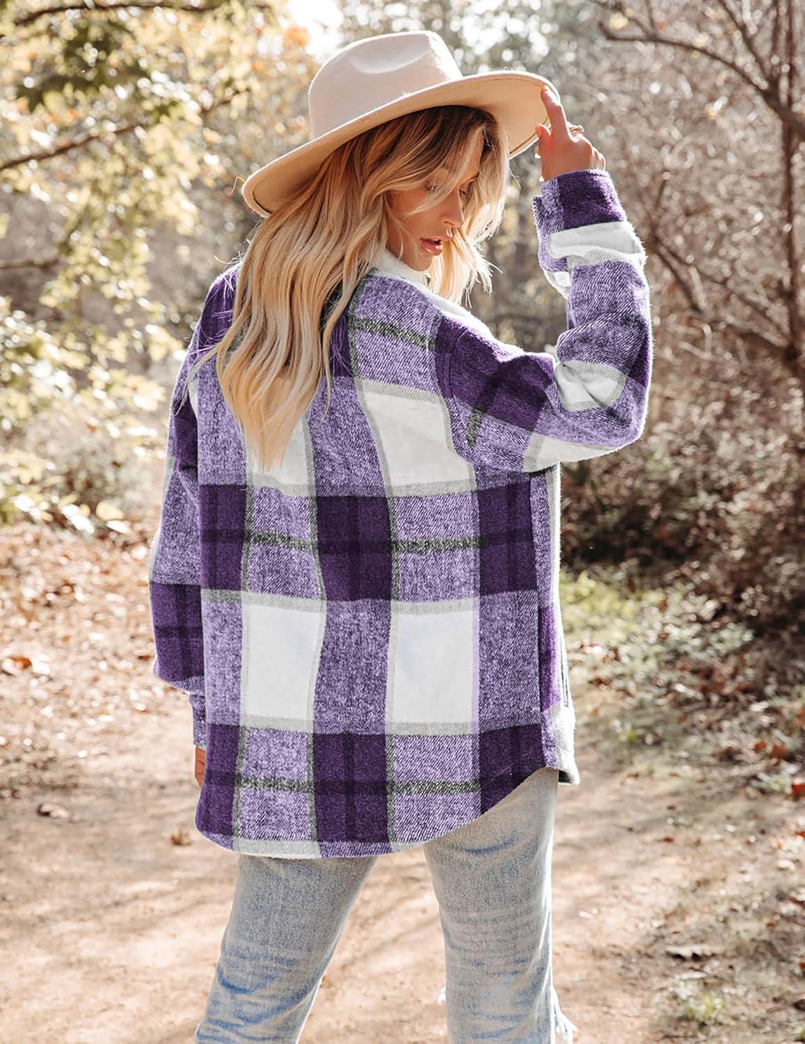 imageZeagoo Women Flannel Shacket Jacket Plaid Button Down Long Sleeve Shirt Fall Outfits 2026Purple