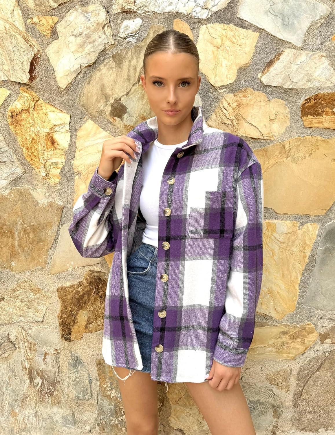 imageZeagoo Women Flannel Shacket Jacket Plaid Button Down Long Sleeve Shirt Fall Outfits 2026Purple