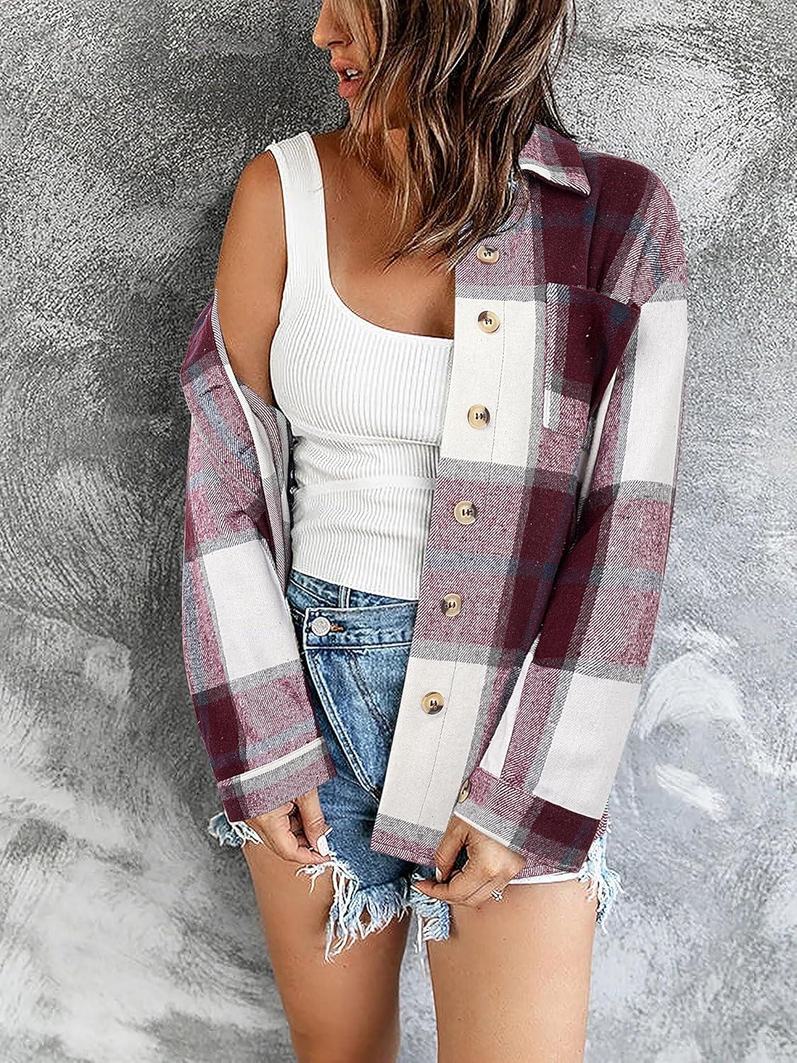 imageZeagoo Women Flannel Shacket Jacket Plaid Button Down Long Sleeve Shirt Fall Outfits 2026Red Plaidgz543