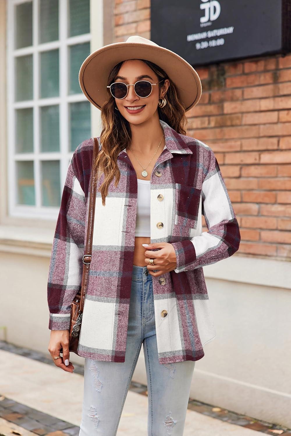 imageZeagoo Women Flannel Shacket Jacket Plaid Button Down Long Sleeve Shirt Fall Outfits 2026Red Plaidgz543