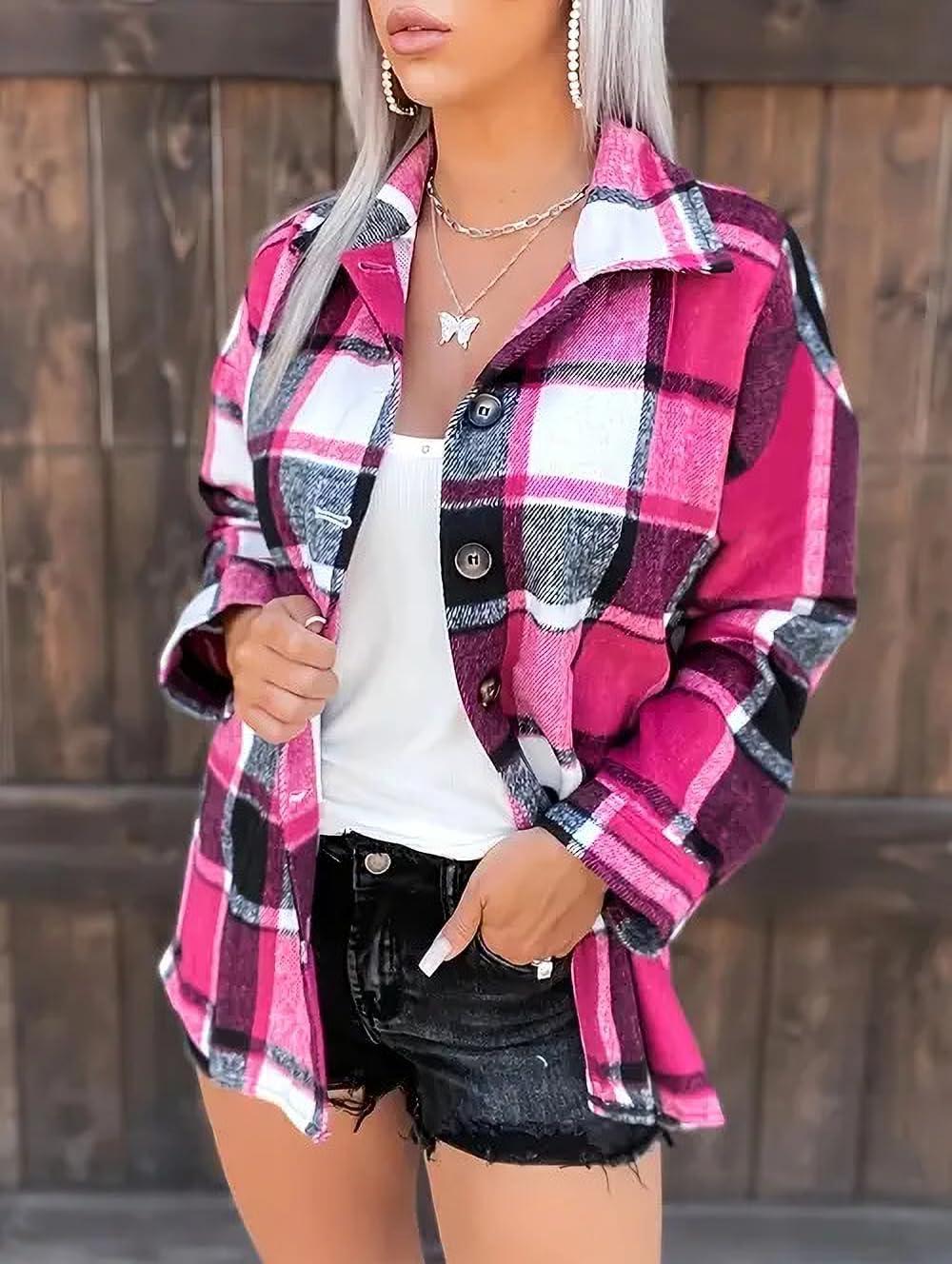 imageZeagoo Women Flannel Shacket Jacket Plaid Button Down Long Sleeve Shirt Fall Outfits 2026Rose Red