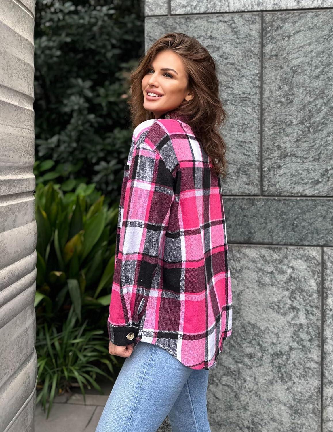 imageZeagoo Women Flannel Shacket Jacket Plaid Button Down Long Sleeve Shirt Fall Outfits 2026Rose Red