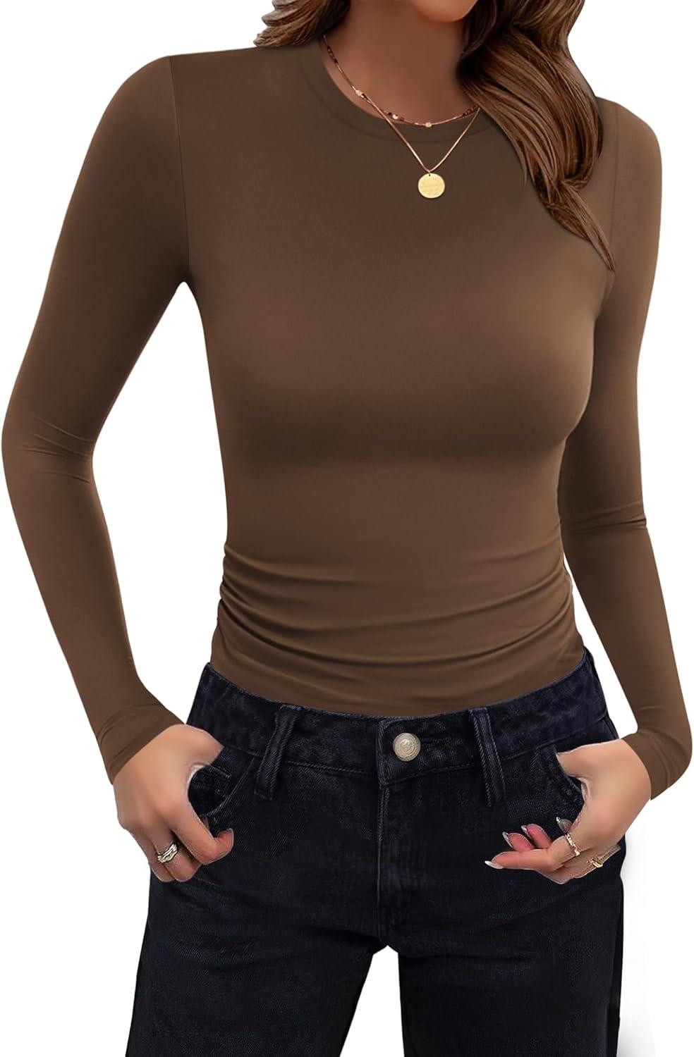 imageZeagoo Women Long Sleeve T Shirts Crewneck Slim Fit Tops Going Out Fall Fashion Basic TeeLong Sleevebrown
