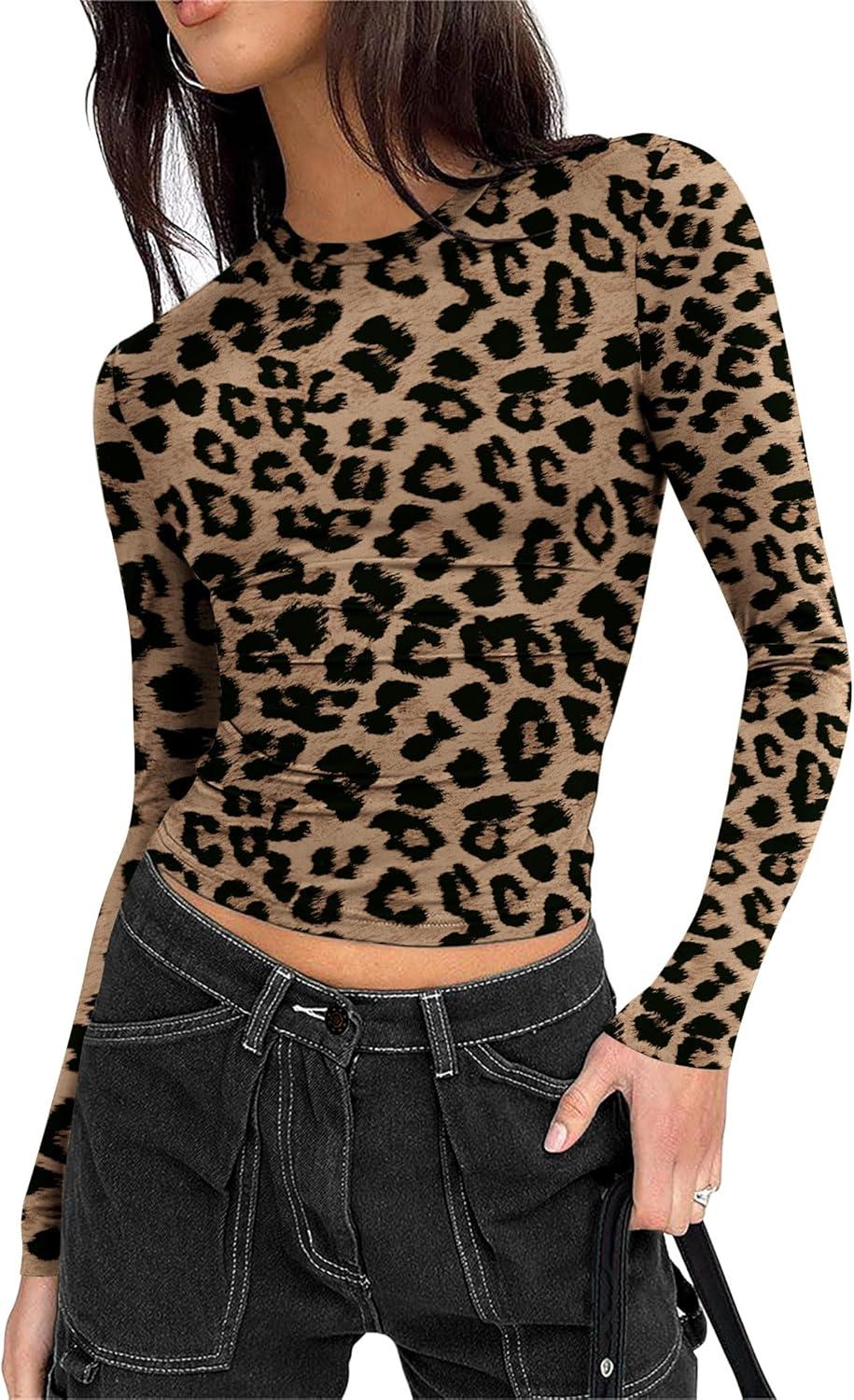imageZeagoo Women Long Sleeve T Shirts Crewneck Slim Fit Tops Going Out Fall Fashion Basic TeeLong Sleeveleopard Print