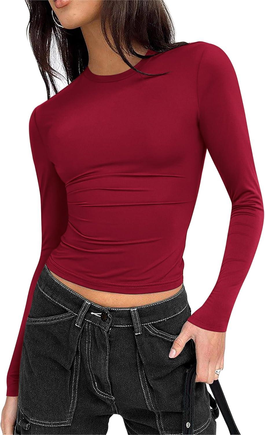 imageZeagoo Women Long Sleeve T Shirts Crewneck Slim Fit Tops Going Out Fall Fashion Basic TeeLong Sleevewine Red