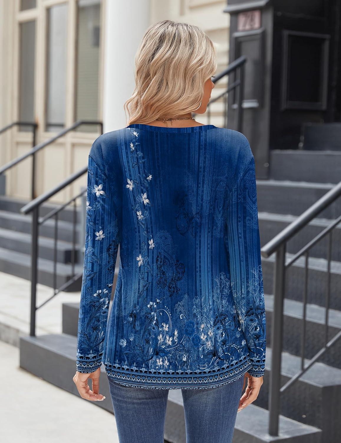 imageZeagoo Women Tops Loose Fit Long Sleeve V Neck T Shirts Business Casual Blouses Dressy Fall Fashion Work ClothesBlue Flowermz845