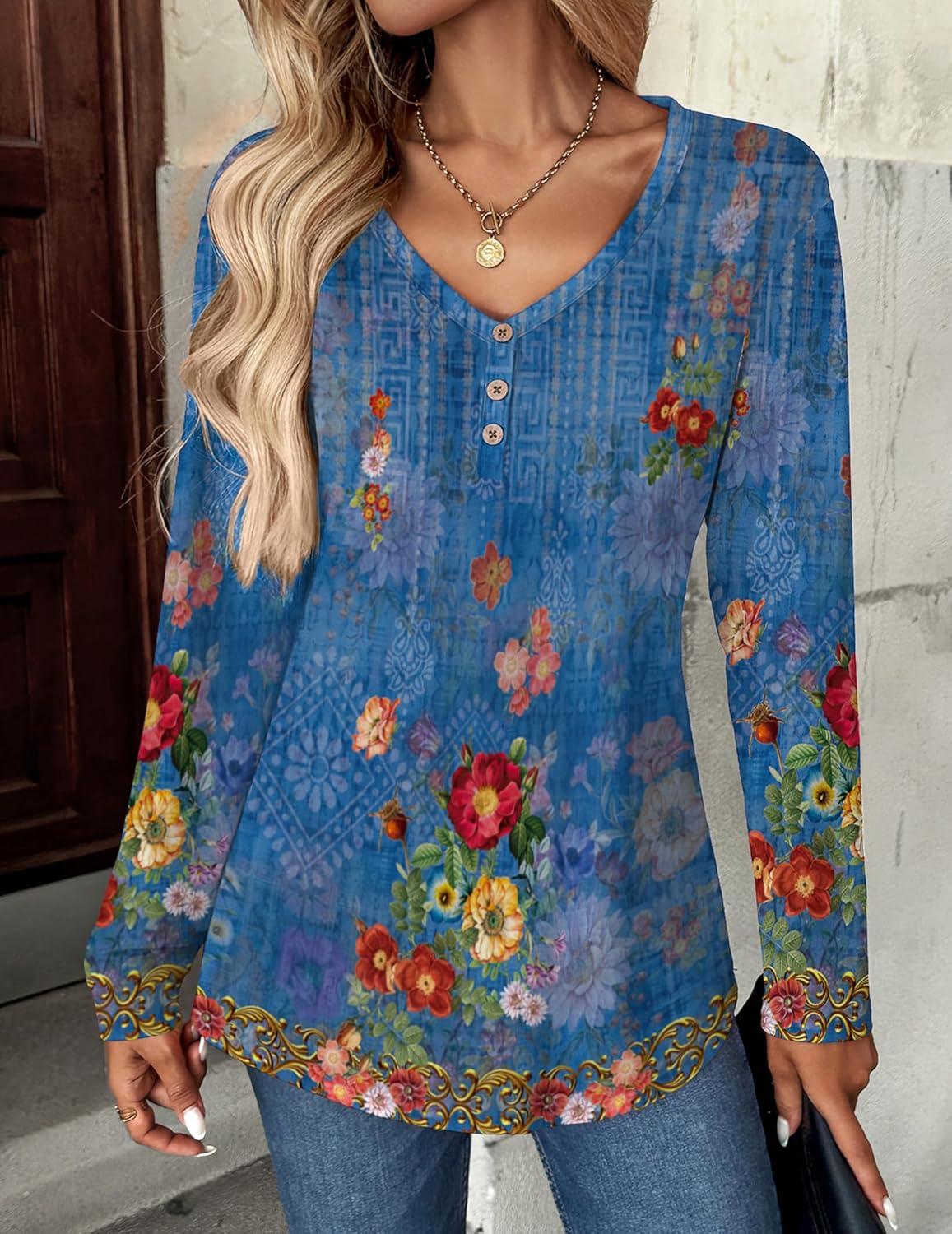 imageZeagoo Women Tops Loose Fit Long Sleeve V Neck T Shirts Business Casual Blouses Dressy Fall Fashion Work ClothesBlue Printmz876