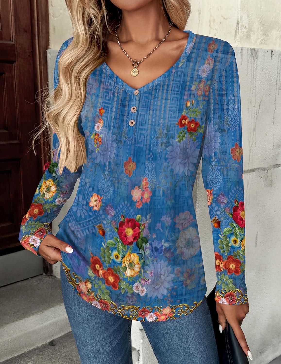 imageZeagoo Women Tops Loose Fit Long Sleeve V Neck T Shirts Business Casual Blouses Dressy Fall Fashion Work ClothesBlue Printmz876