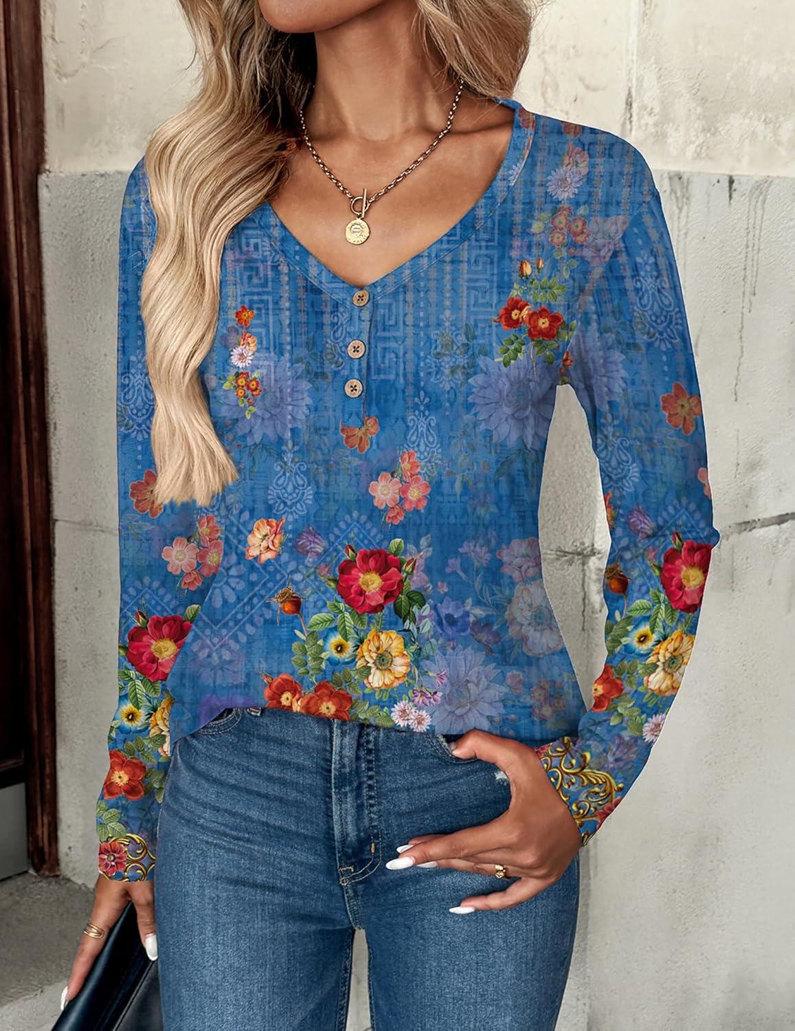 imageZeagoo Women Tops Loose Fit Long Sleeve V Neck T Shirts Business Casual Blouses Dressy Fall Fashion Work ClothesBlue Printmz876