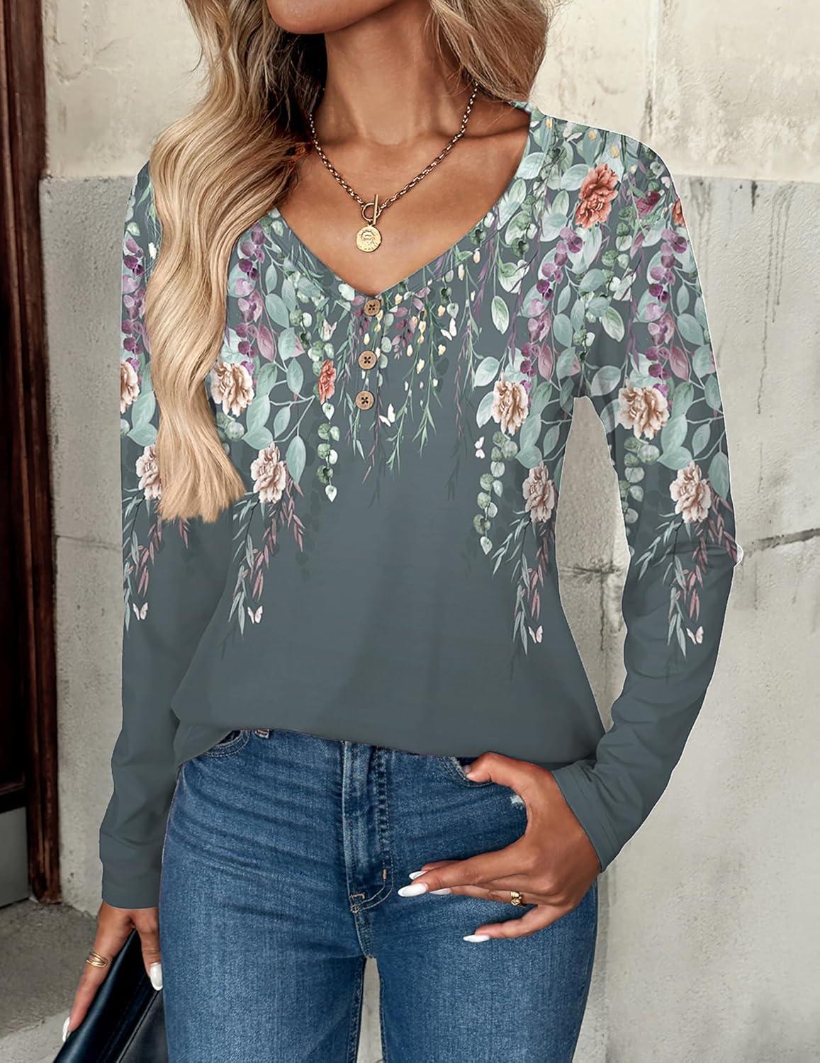 imageZeagoo Women Tops Loose Fit Long Sleeve V Neck T Shirts Business Casual Blouses Dressy Fall Fashion Work ClothesGray Printwf71