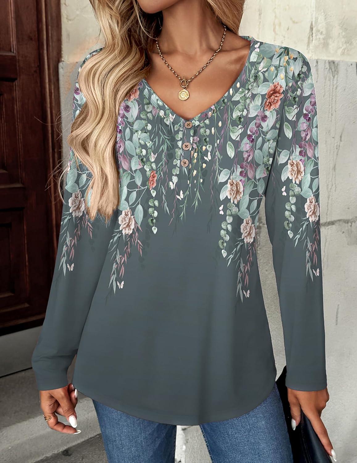 imageZeagoo Women Tops Loose Fit Long Sleeve V Neck T Shirts Business Casual Blouses Dressy Fall Fashion Work ClothesGray Printwf71