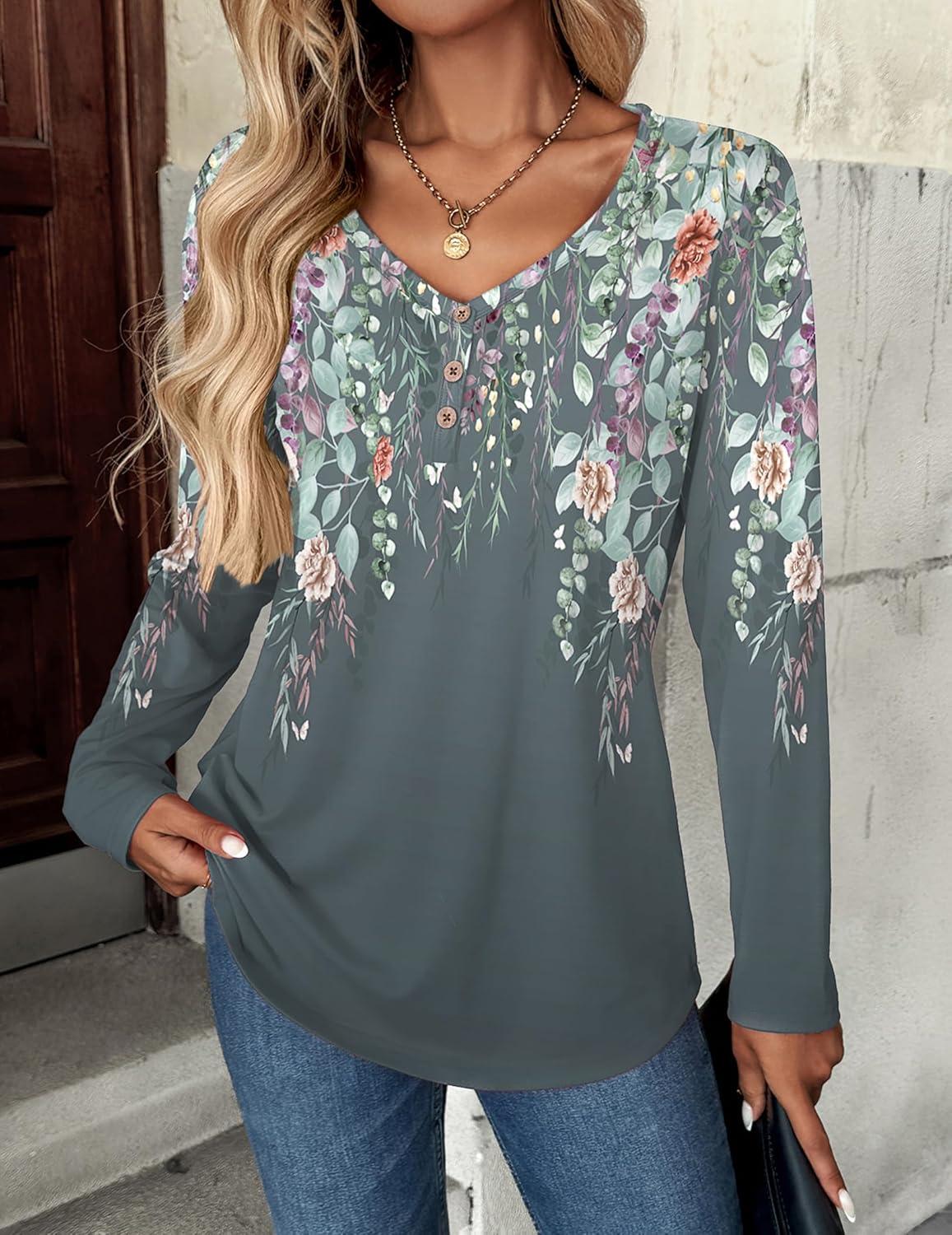 imageZeagoo Women Tops Loose Fit Long Sleeve V Neck T Shirts Business Casual Blouses Dressy Fall Fashion Work ClothesGray Printwf71