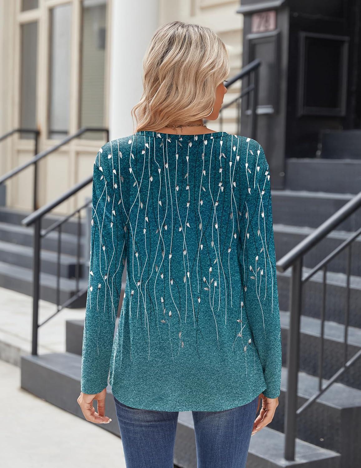 imageZeagoo Women Tops Loose Fit Long Sleeve V Neck T Shirts Business Casual Blouses Dressy Fall Fashion Work ClothesGreen Leavexh363