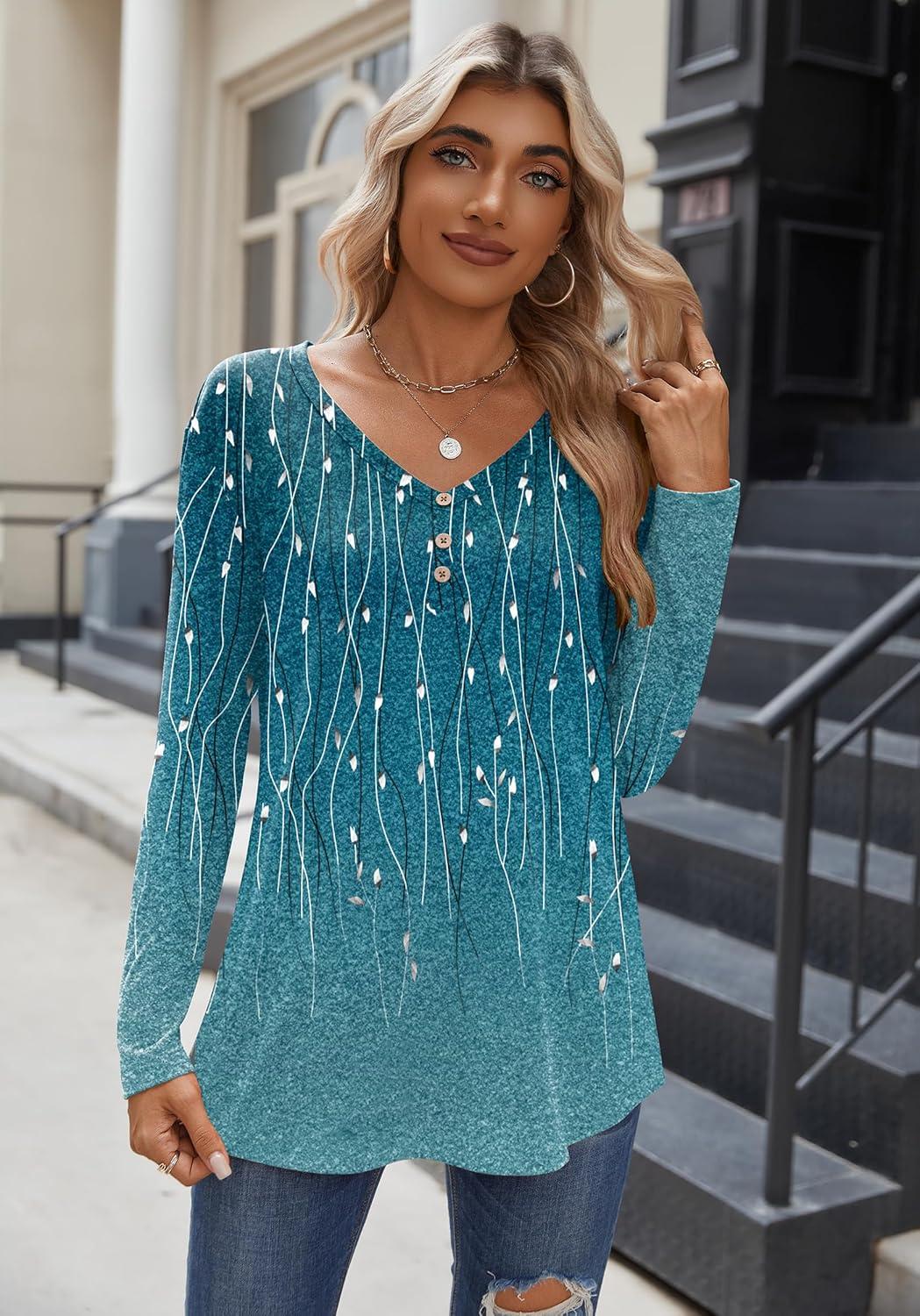 imageZeagoo Women Tops Loose Fit Long Sleeve V Neck T Shirts Business Casual Blouses Dressy Fall Fashion Work ClothesGreen Leavexh363