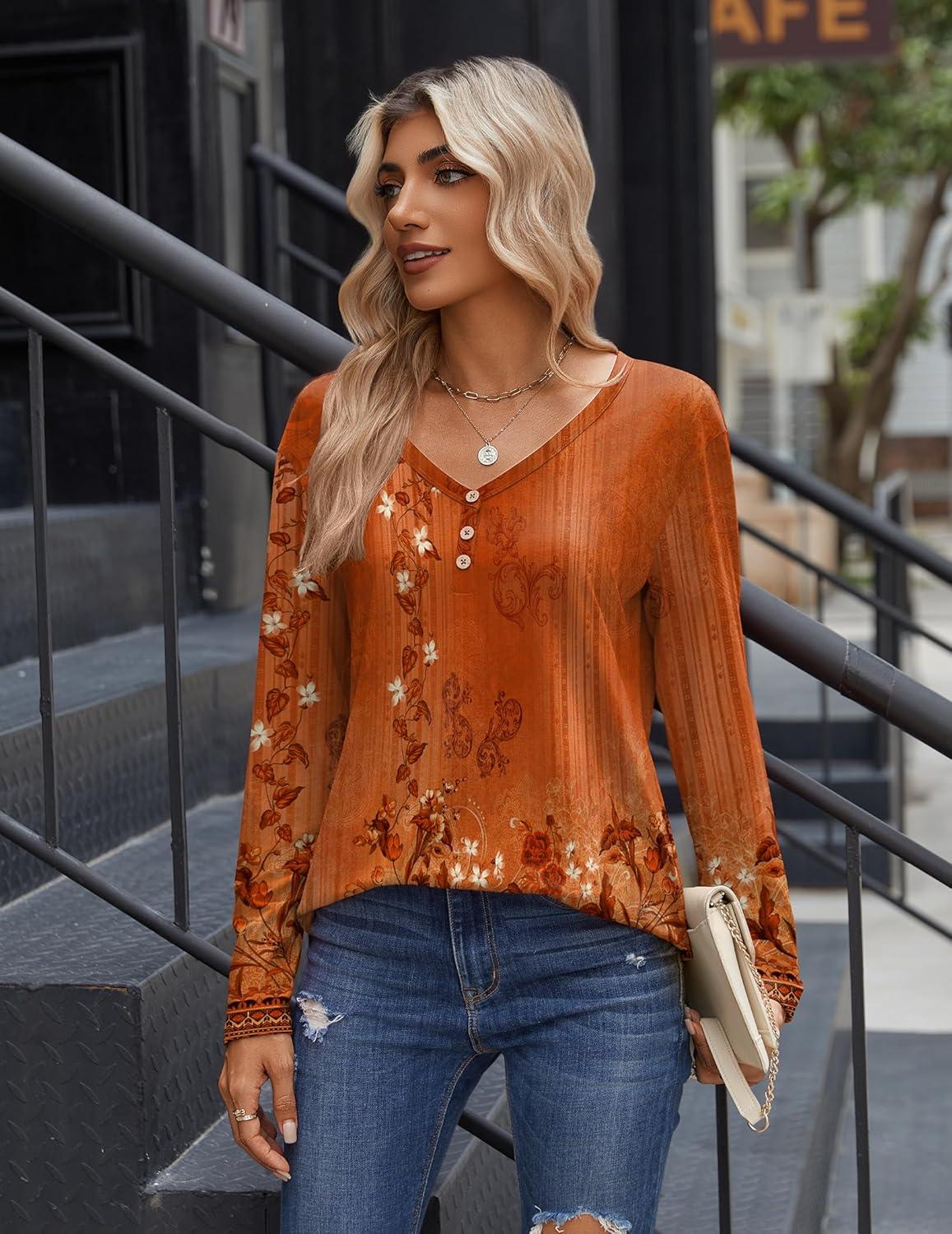 imageZeagoo Women Tops Loose Fit Long Sleeve V Neck T Shirts Business Casual Blouses Dressy Fall Fashion Work ClothesOrange Flowermz867