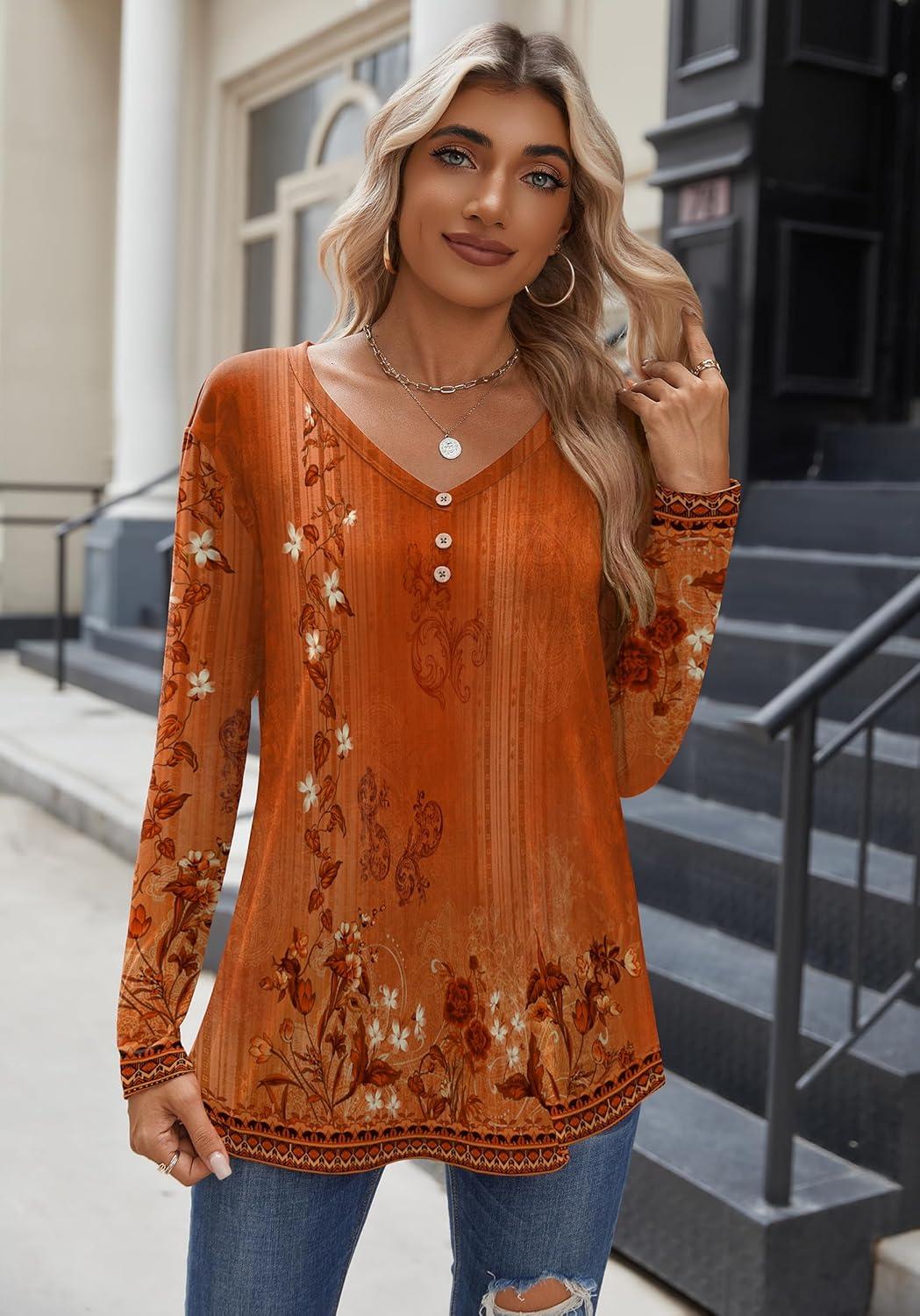 imageZeagoo Women Tops Loose Fit Long Sleeve V Neck T Shirts Business Casual Blouses Dressy Fall Fashion Work ClothesOrange Flowermz867