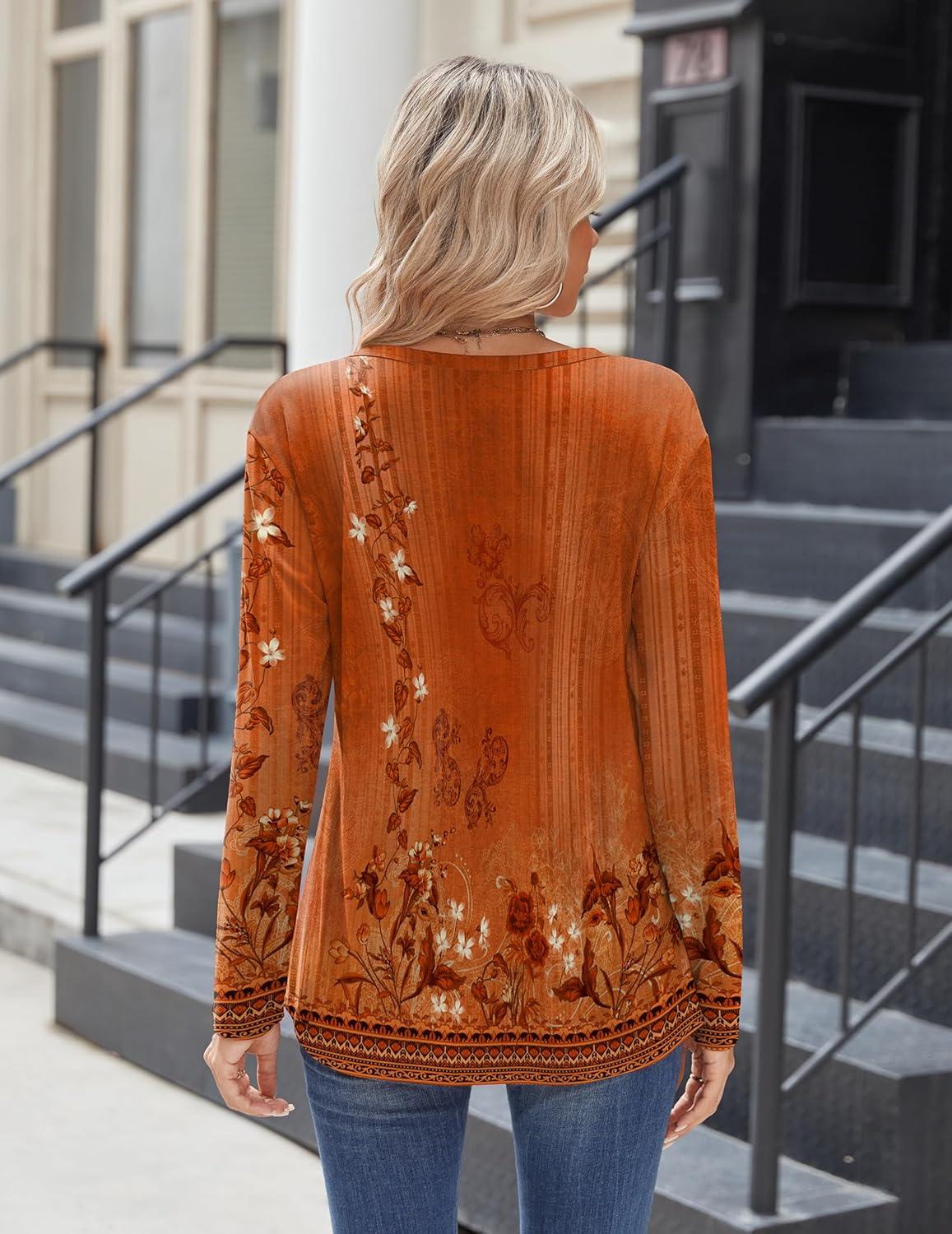 imageZeagoo Women Tops Loose Fit Long Sleeve V Neck T Shirts Business Casual Blouses Dressy Fall Fashion Work ClothesOrange Flowermz867