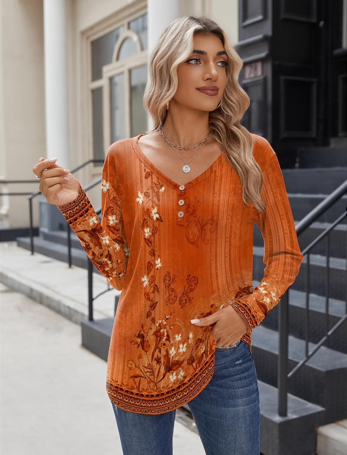 imageZeagoo Women Tops Loose Fit Long Sleeve V Neck T Shirts Business Casual Blouses Dressy Fall Fashion Work ClothesOrange Flowermz867