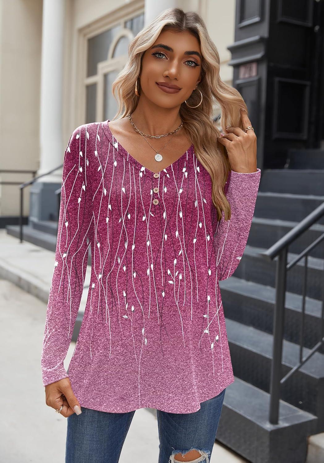 imageZeagoo Women Tops Loose Fit Long Sleeve V Neck T Shirts Business Casual Blouses Dressy Fall Fashion Work ClothesPurple Leavexh370