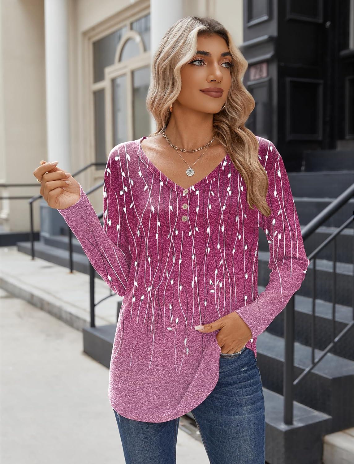 imageZeagoo Women Tops Loose Fit Long Sleeve V Neck T Shirts Business Casual Blouses Dressy Fall Fashion Work ClothesPurple Leavexh370