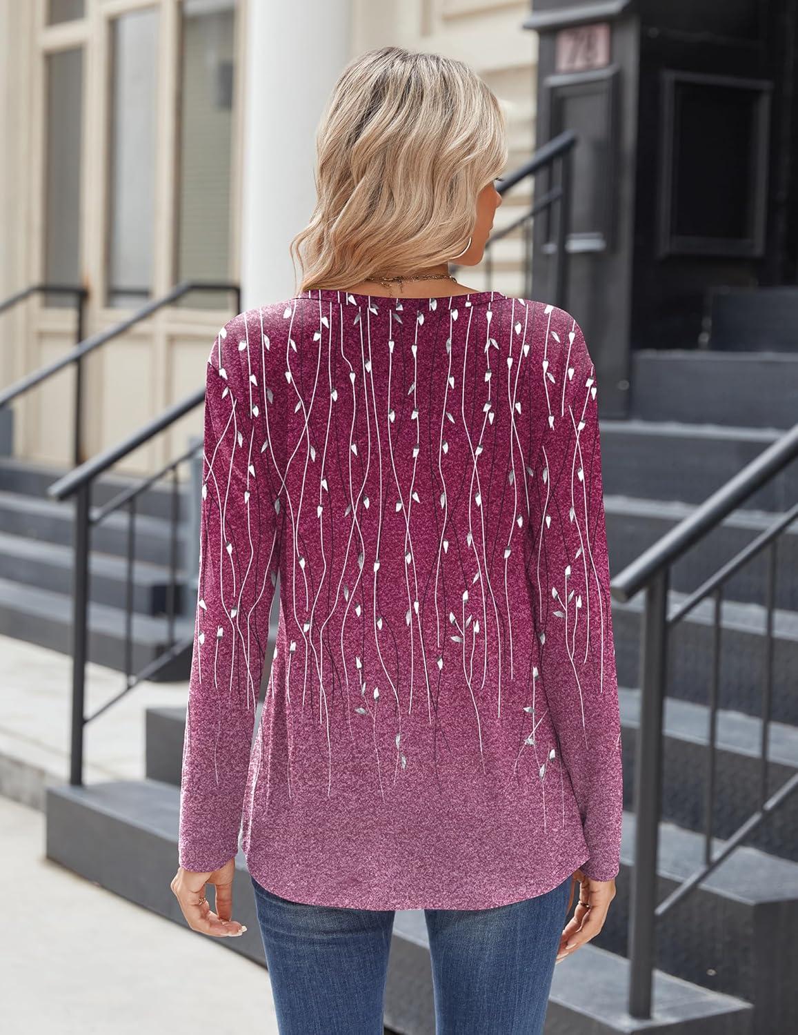 imageZeagoo Women Tops Loose Fit Long Sleeve V Neck T Shirts Business Casual Blouses Dressy Fall Fashion Work ClothesPurple Leavexh370