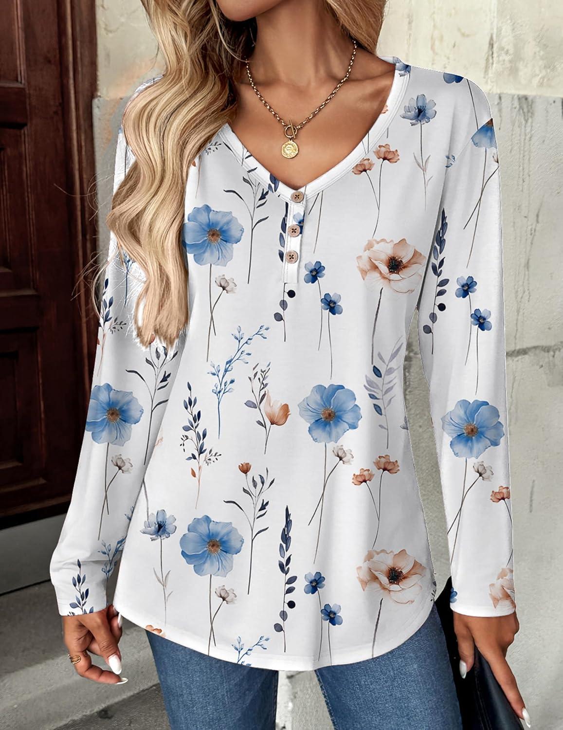 imageZeagoo Women Tops Loose Fit Long Sleeve V Neck T Shirts Business Casual Blouses Dressy Fall Fashion Work ClothesWhite Flowerbf290