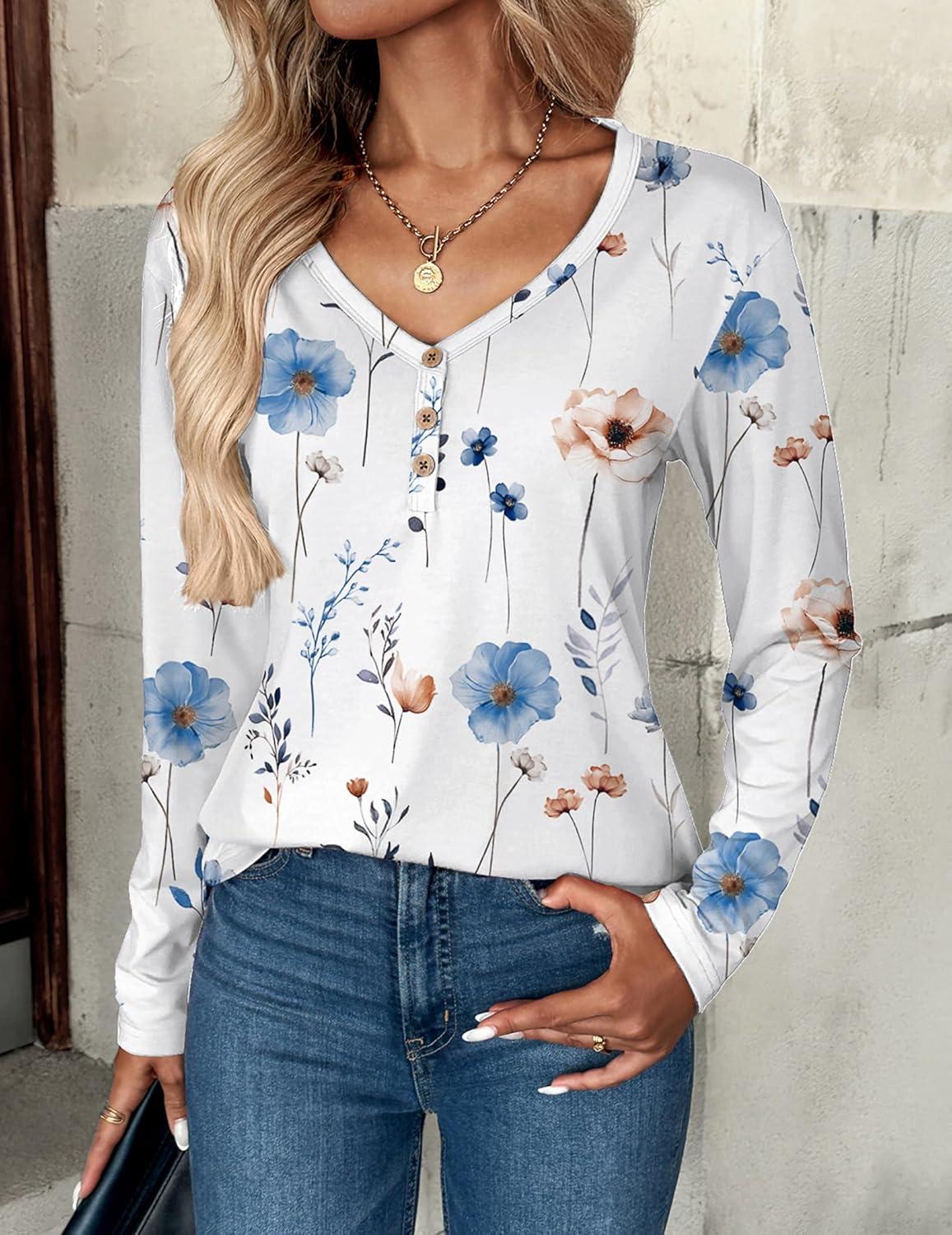 imageZeagoo Women Tops Loose Fit Long Sleeve V Neck T Shirts Business Casual Blouses Dressy Fall Fashion Work ClothesWhite Flowerbf290
