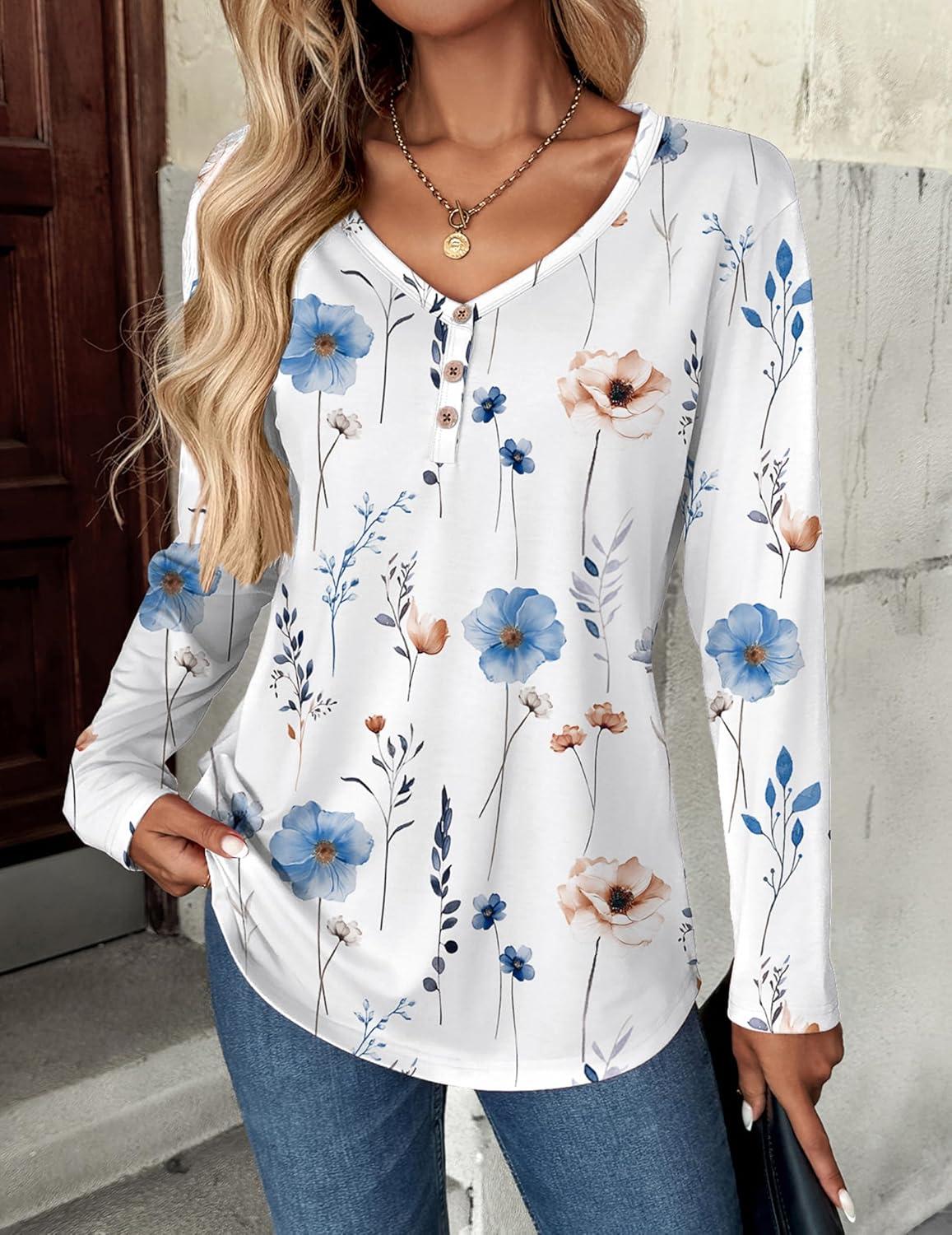imageZeagoo Women Tops Loose Fit Long Sleeve V Neck T Shirts Business Casual Blouses Dressy Fall Fashion Work ClothesWhite Flowerbf290