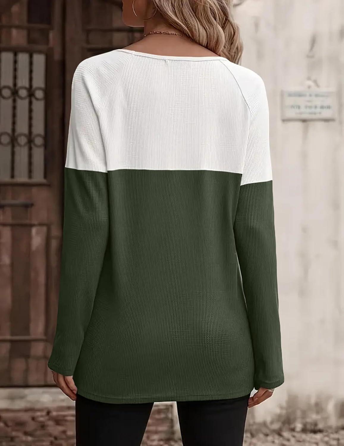 imageZeagoo Women Waffle Knit Shirts Long Sleeve Colorblock Tee Button Detail TunicsArmy