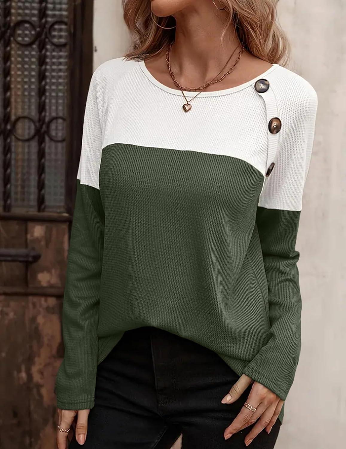 imageZeagoo Women Waffle Knit Shirts Long Sleeve Colorblock Tee Button Detail TunicsArmy