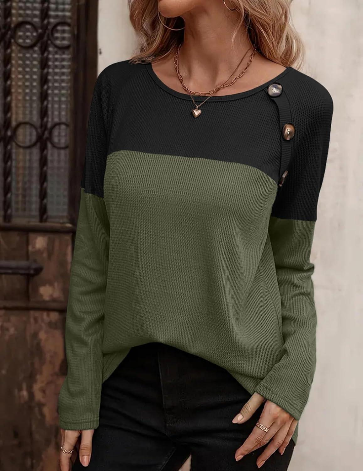 imageZeagoo Women Waffle Knit Shirts Long Sleeve Colorblock Tee Button Detail TunicsArmy Geeen