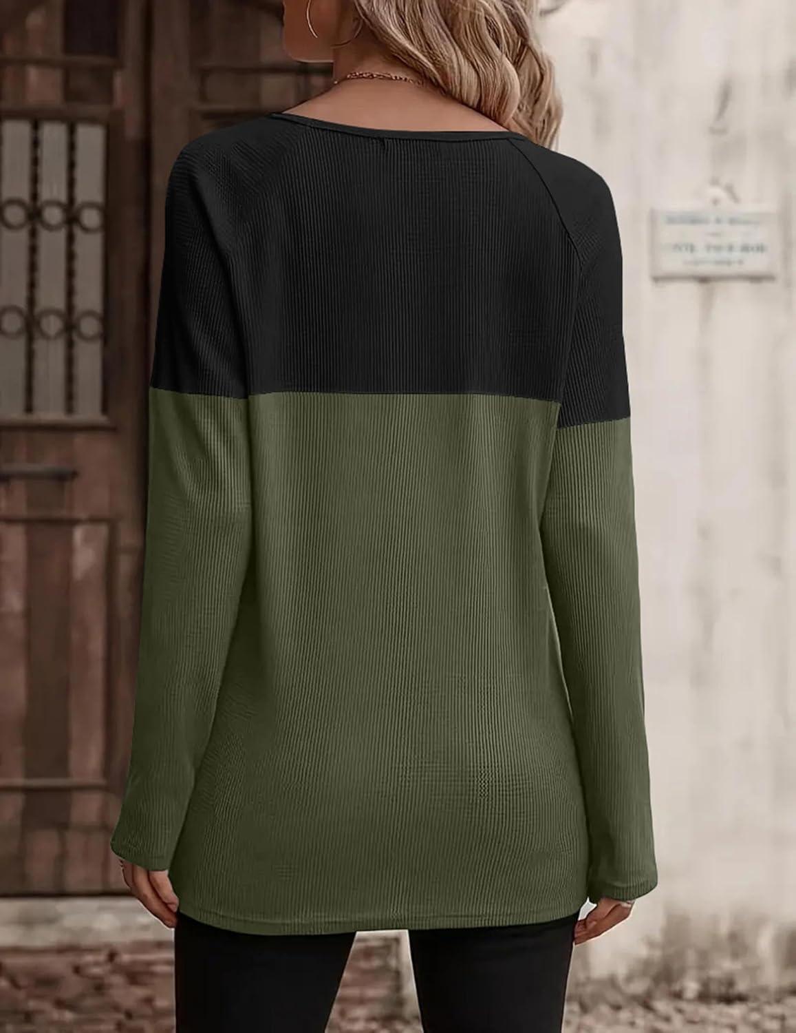 imageZeagoo Women Waffle Knit Shirts Long Sleeve Colorblock Tee Button Detail TunicsArmy Geeen