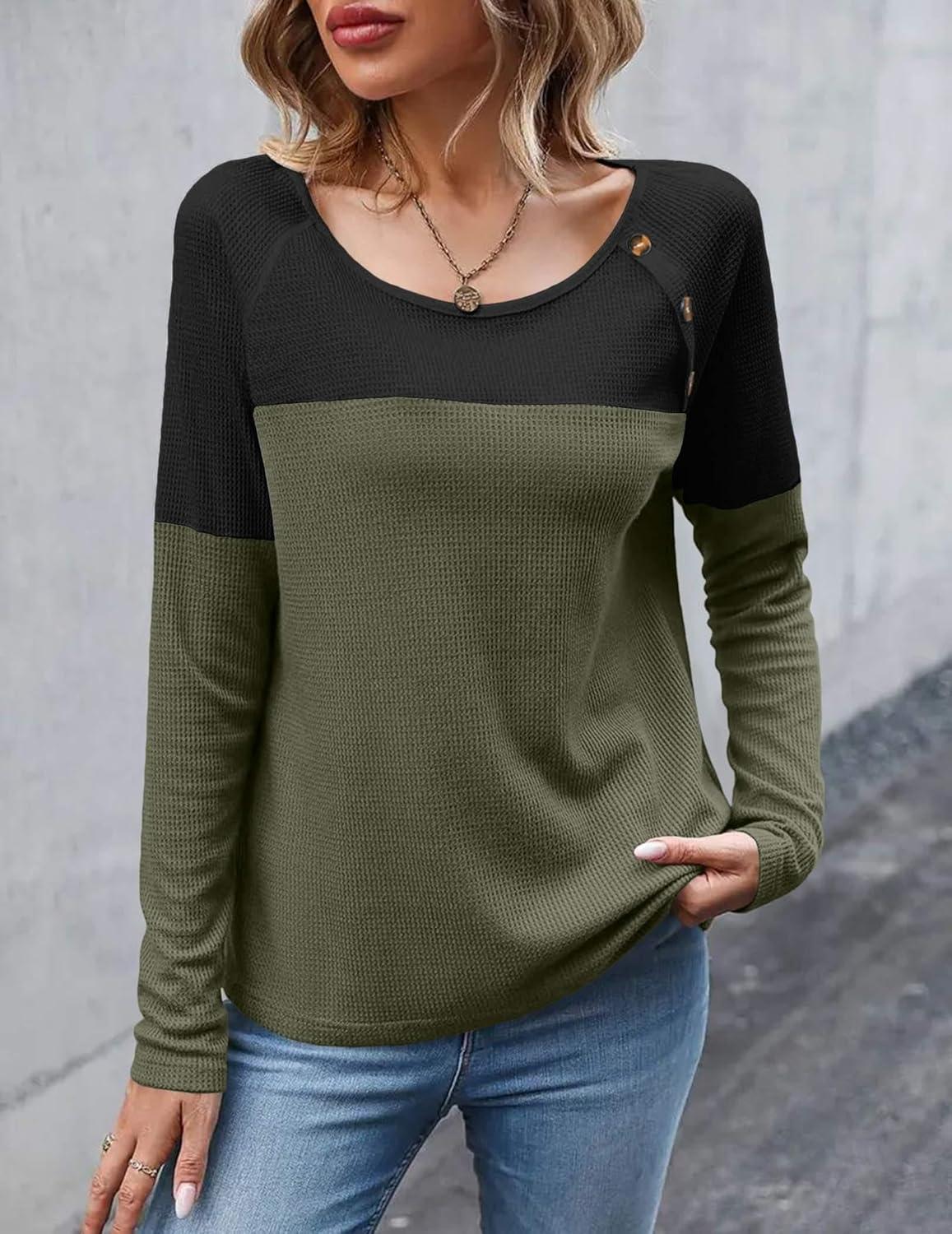 imageZeagoo Women Waffle Knit Shirts Long Sleeve Colorblock Tee Button Detail TunicsArmy Geeen