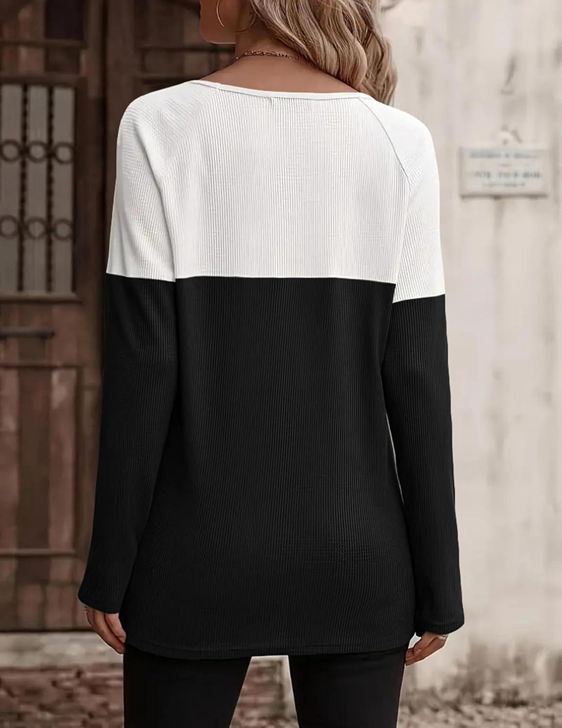 imageZeagoo Women Waffle Knit Shirts Long Sleeve Colorblock Tee Button Detail TunicsBlack