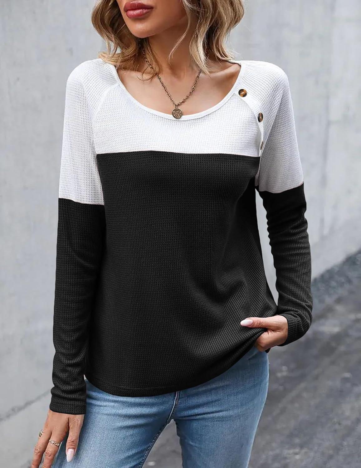 imageZeagoo Women Waffle Knit Shirts Long Sleeve Colorblock Tee Button Detail TunicsBlack