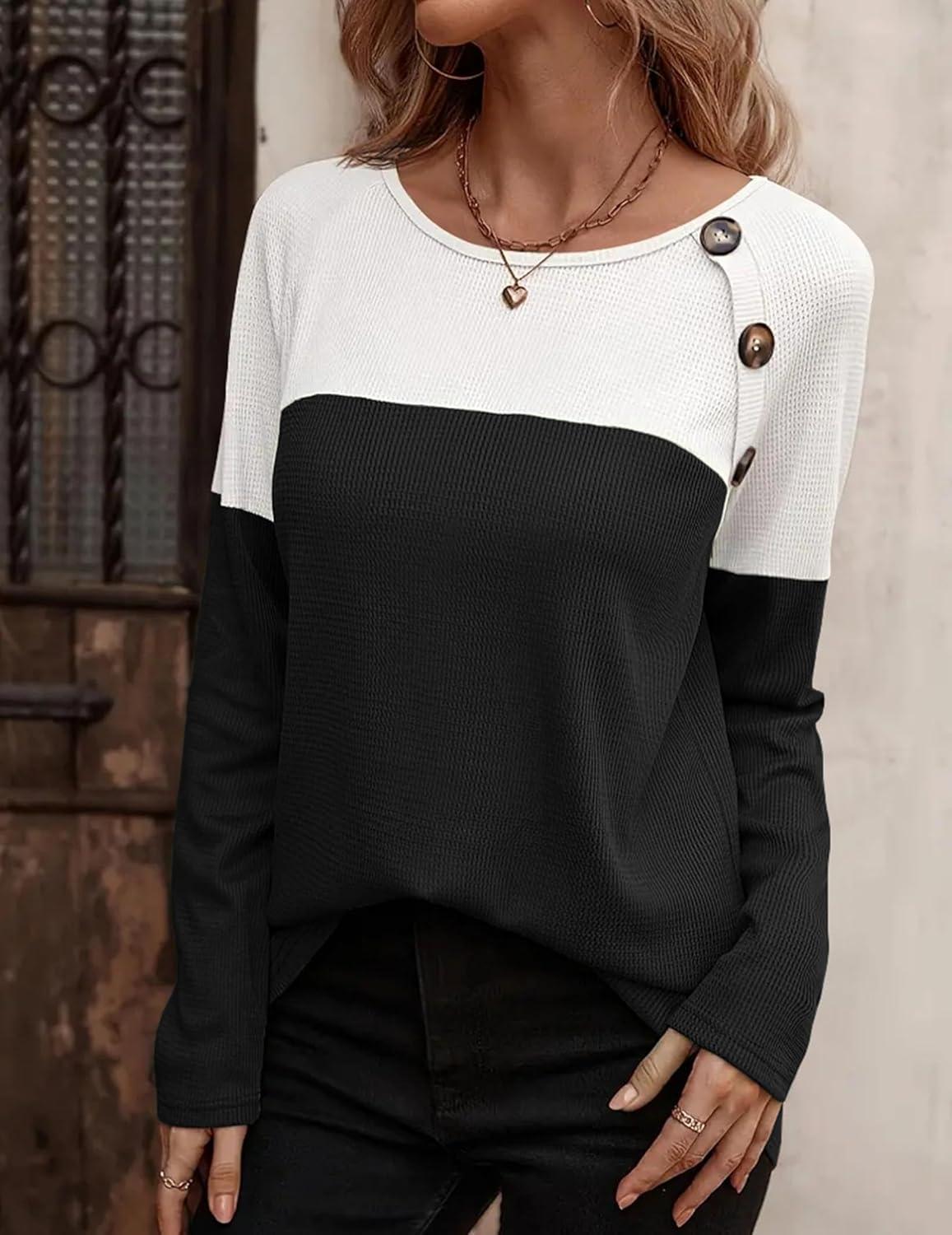 imageZeagoo Women Waffle Knit Shirts Long Sleeve Colorblock Tee Button Detail TunicsBlack