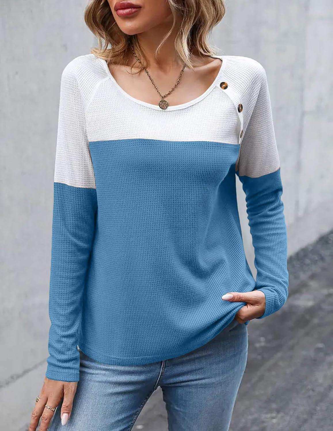 imageZeagoo Women Waffle Knit Shirts Long Sleeve Colorblock Tee Button Detail TunicsBlue