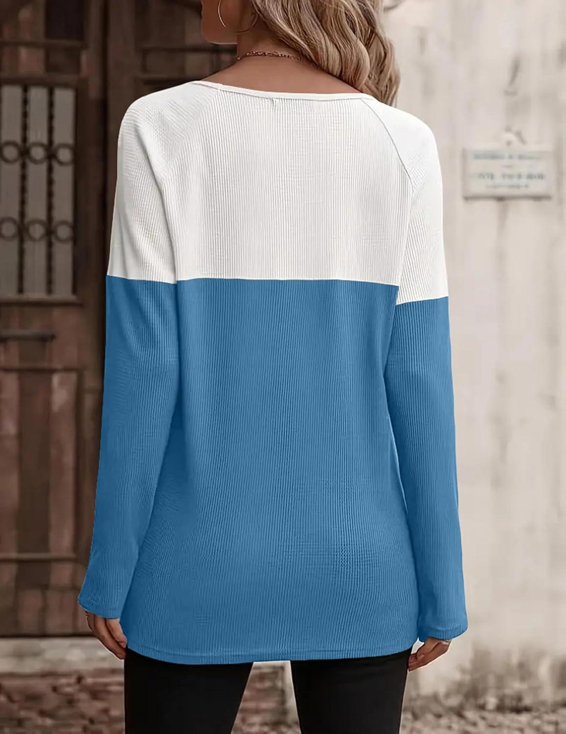 imageZeagoo Women Waffle Knit Shirts Long Sleeve Colorblock Tee Button Detail TunicsBlue