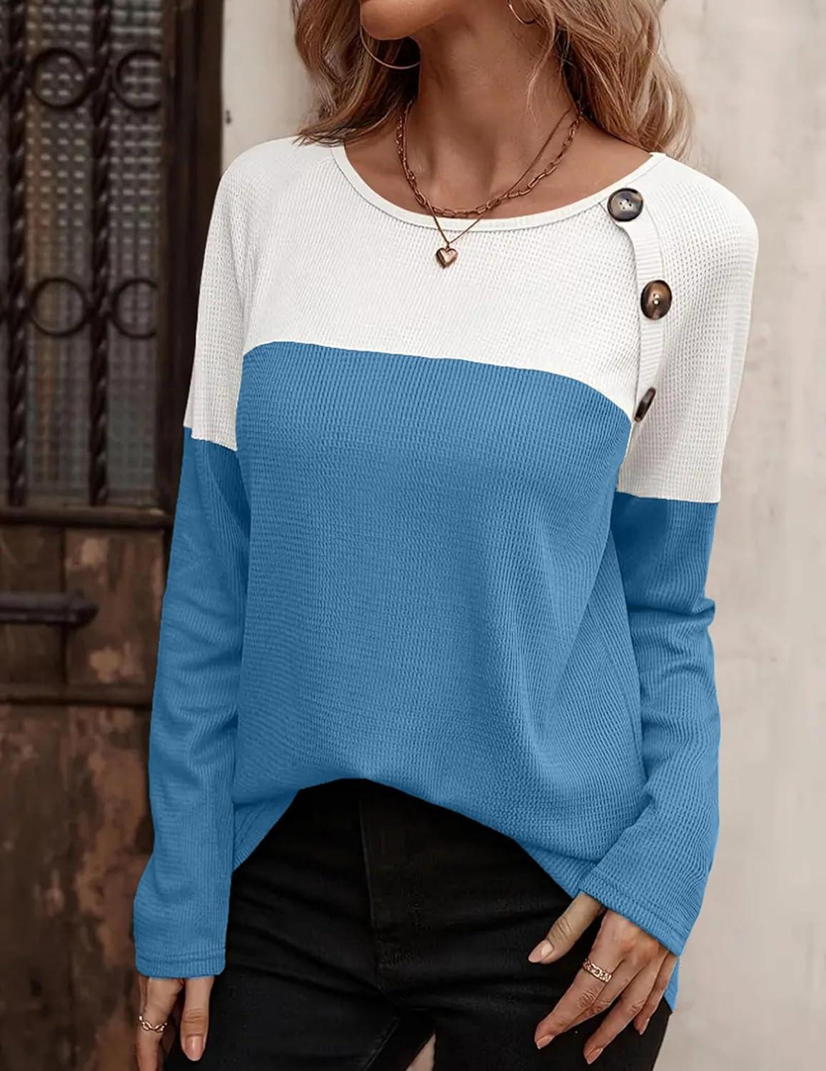 imageZeagoo Women Waffle Knit Shirts Long Sleeve Colorblock Tee Button Detail TunicsBlue