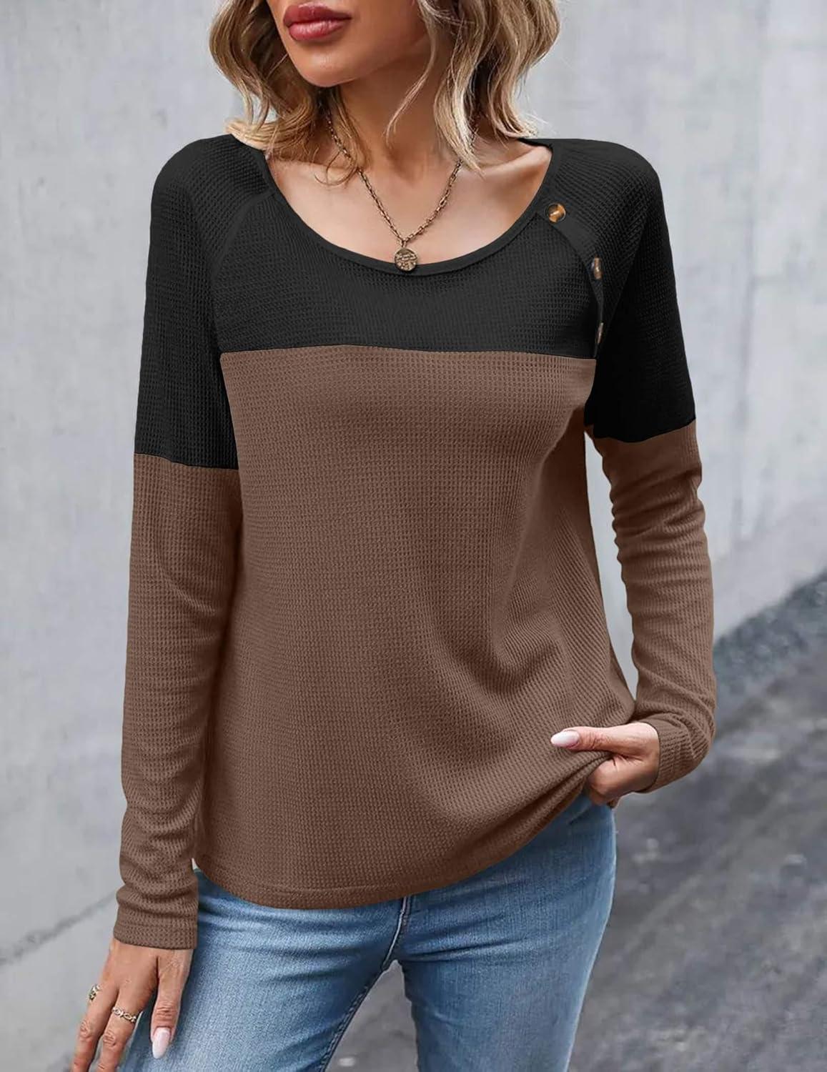 imageZeagoo Women Waffle Knit Shirts Long Sleeve Colorblock Tee Button Detail TunicsBrown