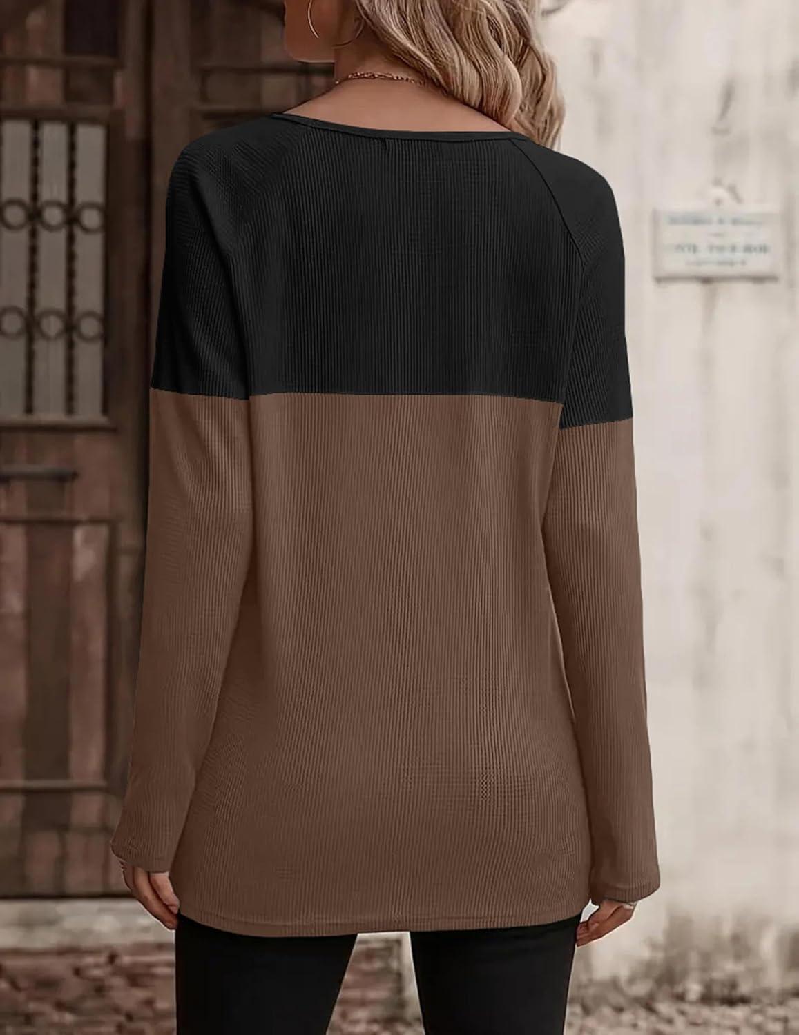 imageZeagoo Women Waffle Knit Shirts Long Sleeve Colorblock Tee Button Detail TunicsBrown