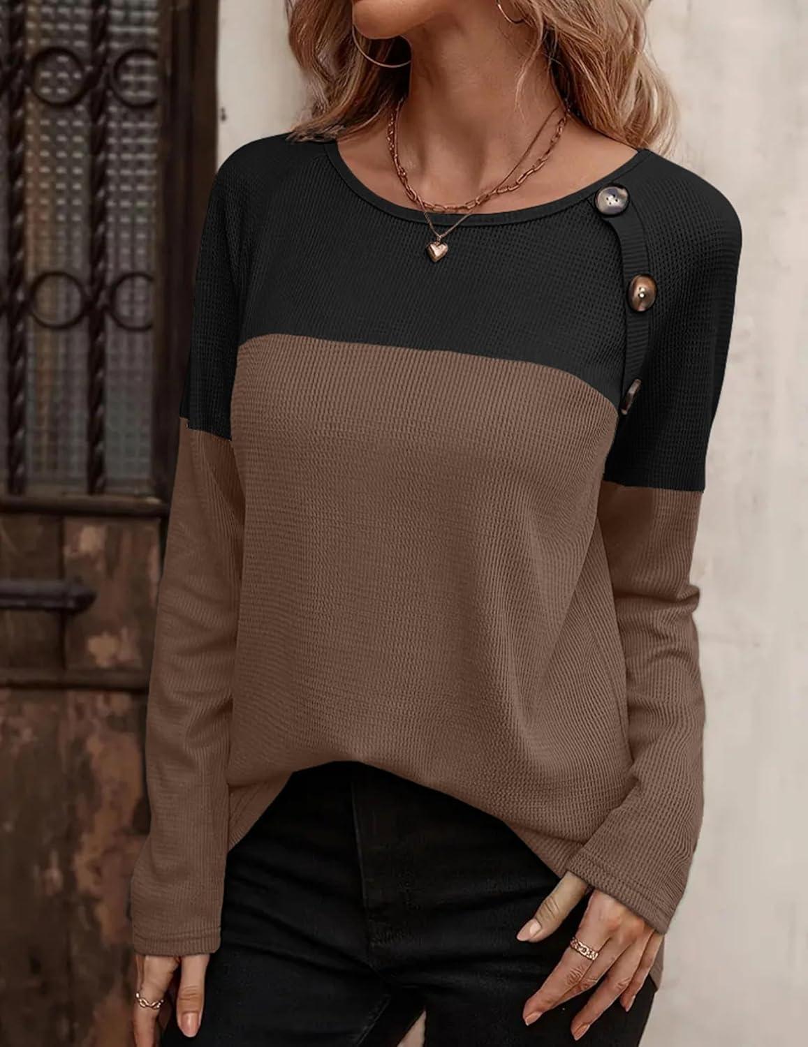 imageZeagoo Women Waffle Knit Shirts Long Sleeve Colorblock Tee Button Detail TunicsBrown