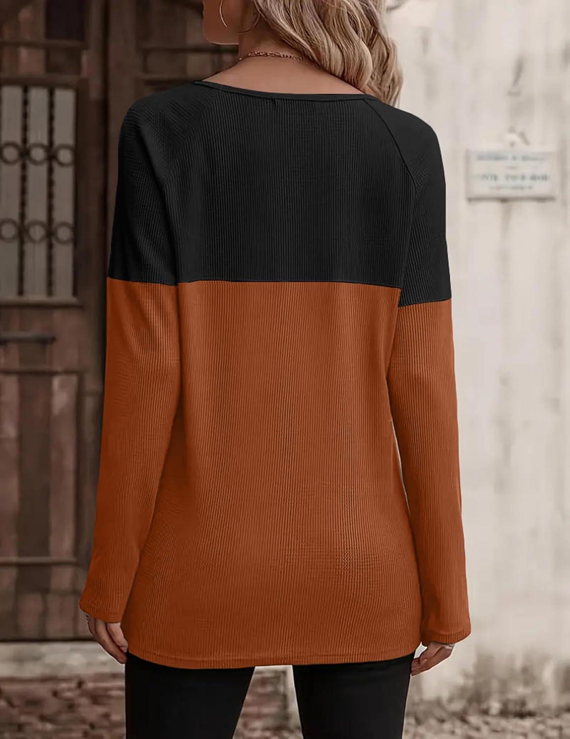 imageZeagoo Women Waffle Knit Shirts Long Sleeve Colorblock Tee Button Detail TunicsCaramel