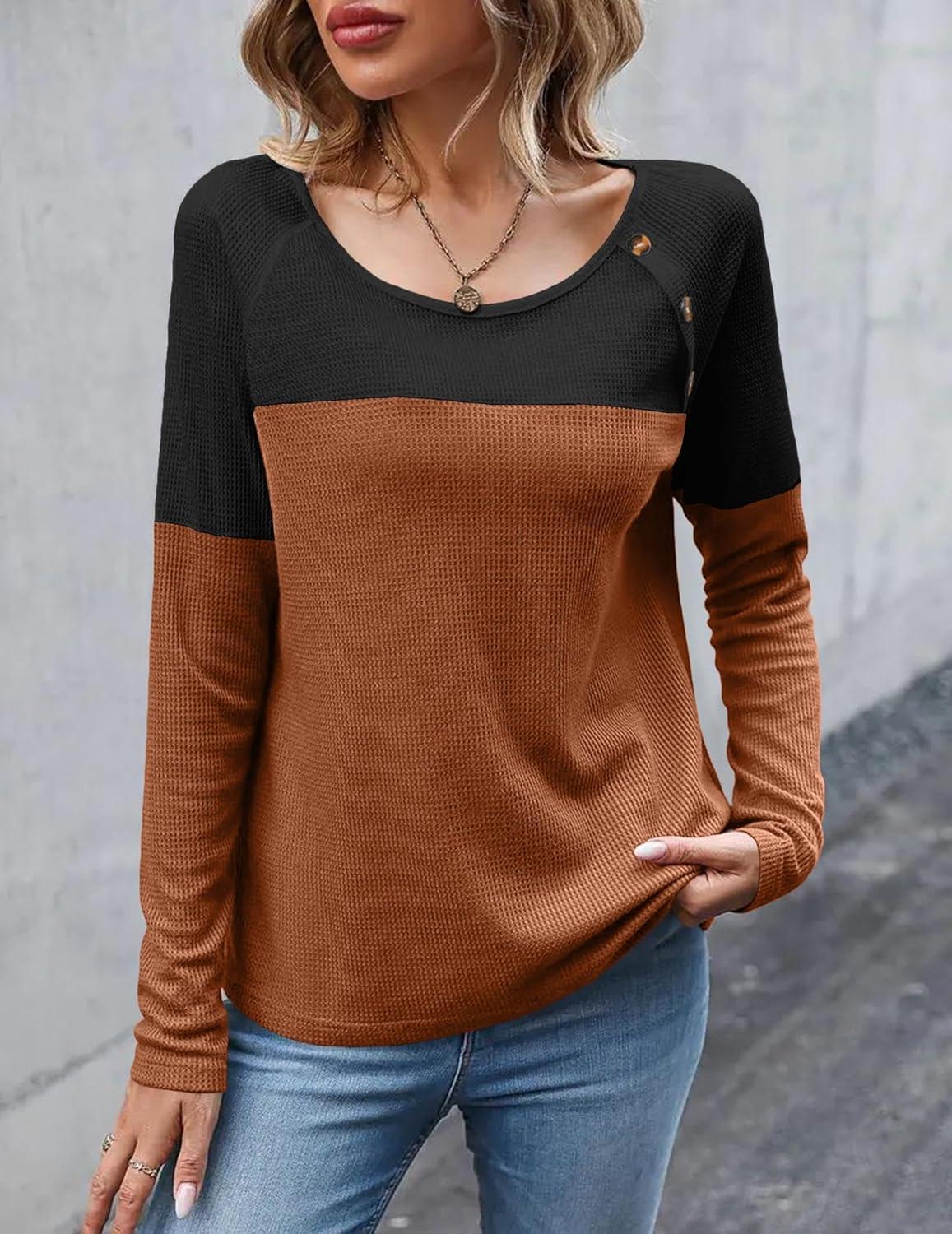 imageZeagoo Women Waffle Knit Shirts Long Sleeve Colorblock Tee Button Detail TunicsCaramel