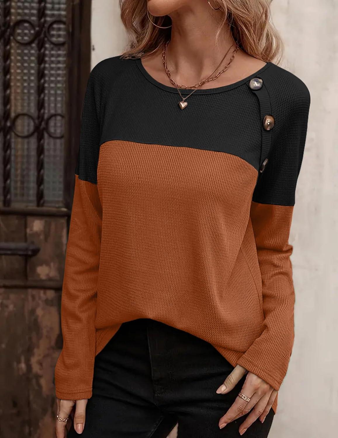 imageZeagoo Women Waffle Knit Shirts Long Sleeve Colorblock Tee Button Detail TunicsCaramel