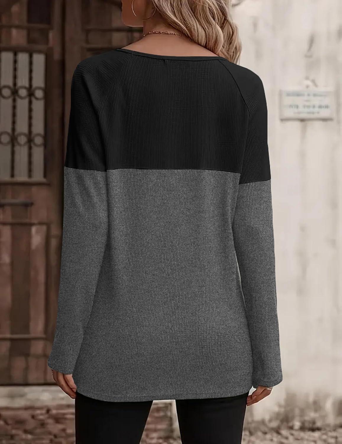 imageZeagoo Women Waffle Knit Shirts Long Sleeve Colorblock Tee Button Detail TunicsDark Grey